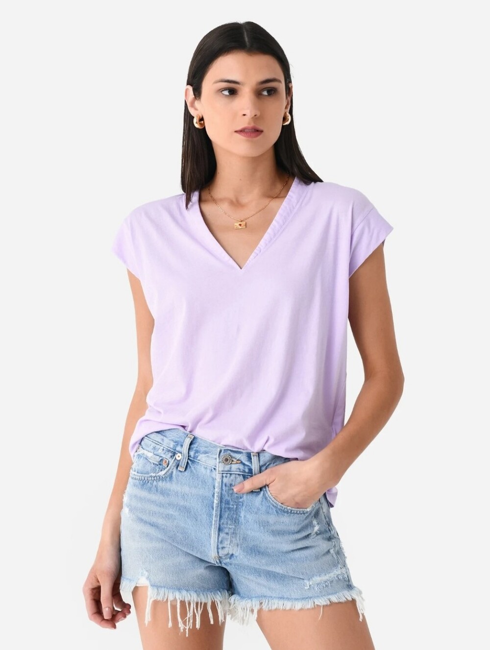 FRAME Le Mid Rise Organic Cotton V-Neck Tee Lilac Purple Relaxed Basic Top M